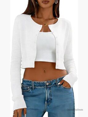 Cropped Cardigan Button Up Long Sleeve Sweater Polyester Spandex